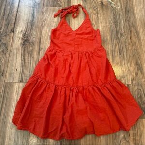 American Eagle Orange/Red V-Neck Halter Dress Tiered Layered Cotton Linen Size M